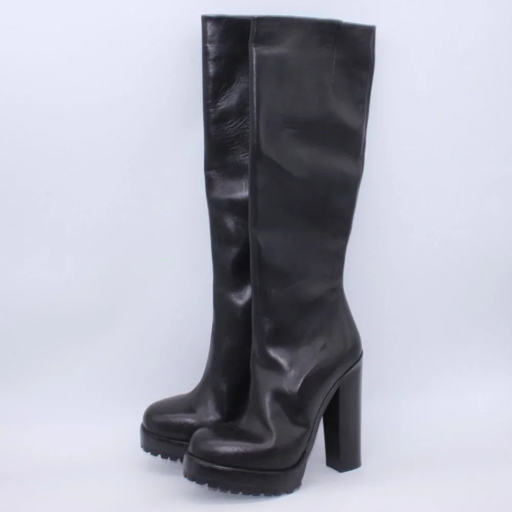 Michael Kors Leather Tall Riding Platform Heel Boots Black Size 40 New W/Defect